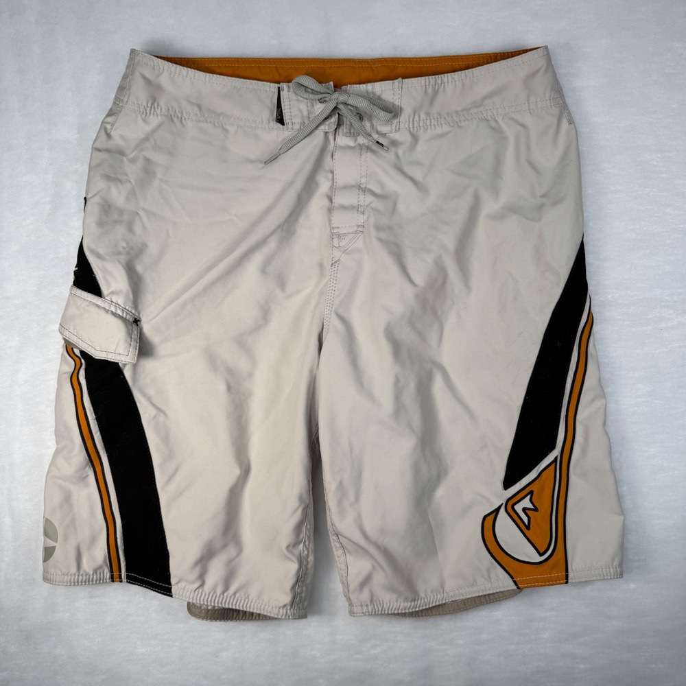 Vintage Y2K Quicksilver Tan Brown Yellow Embroidered Board Shorts Swim Size 36
